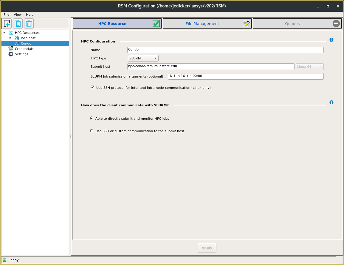 Sample HPC Resource settings for Condo cluster