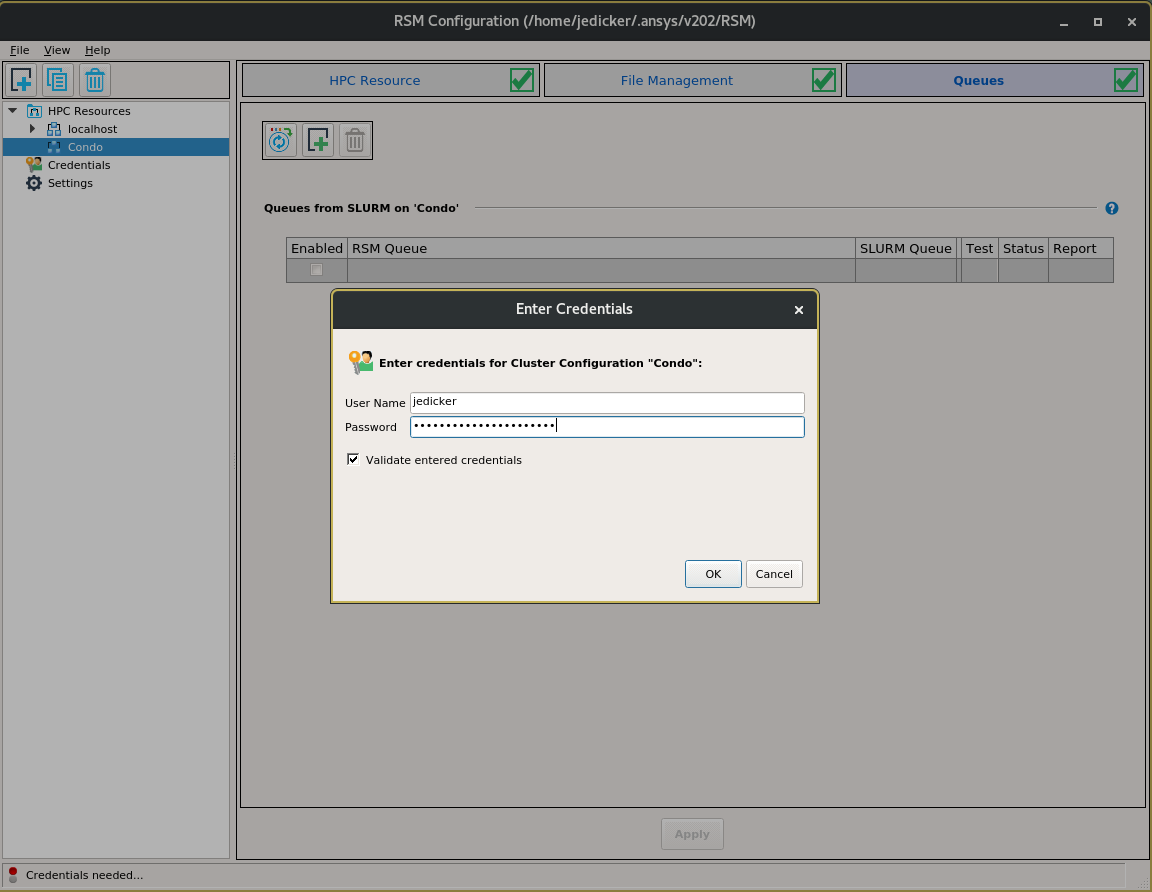 The RSM Configuration tool will ask your for your username and password