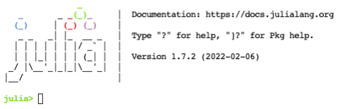 Image showing Julia's command line interface after being launched. 