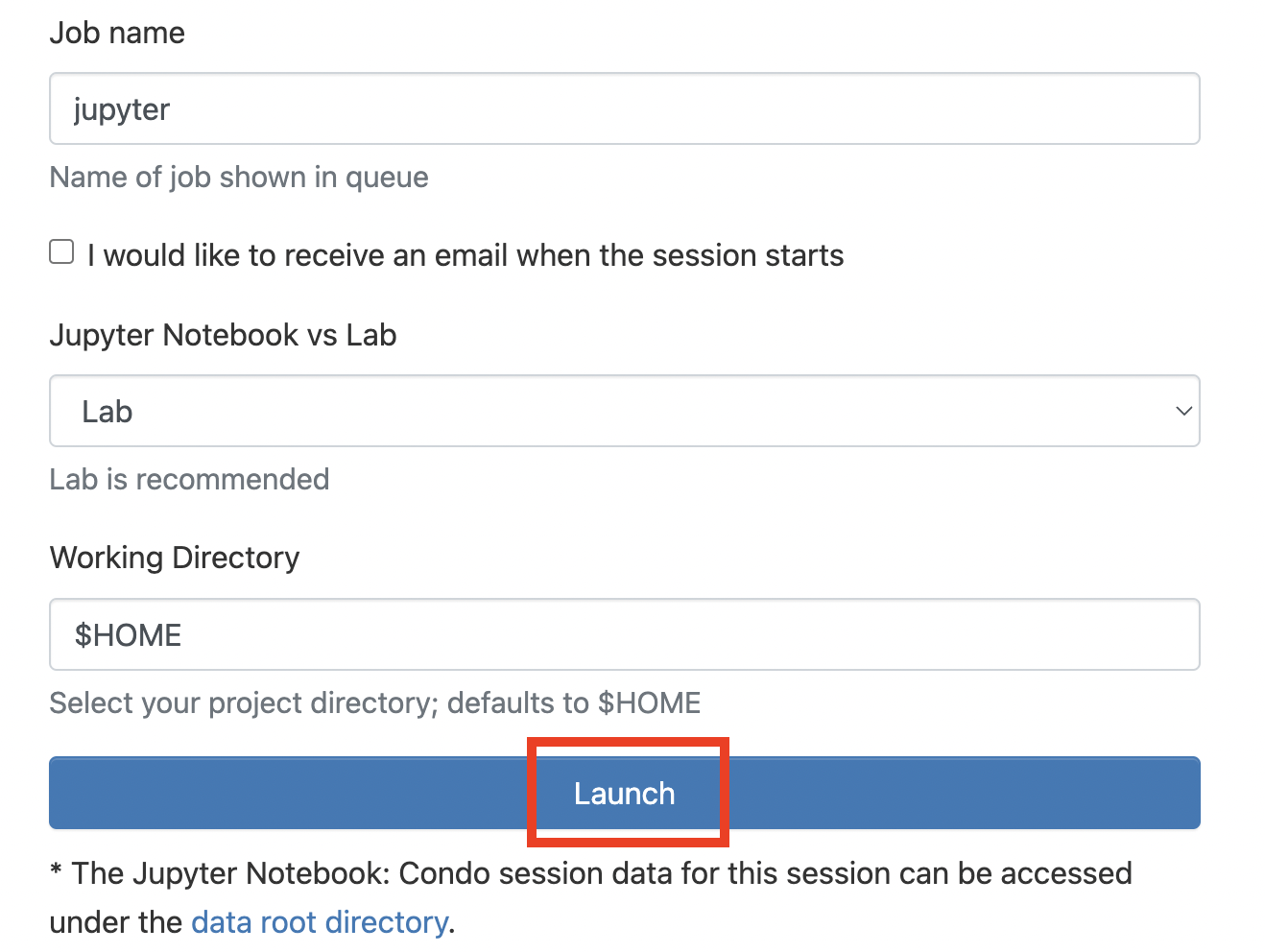 Image showing the launch button on the bottom of the Jupyter Notebook app configuration page