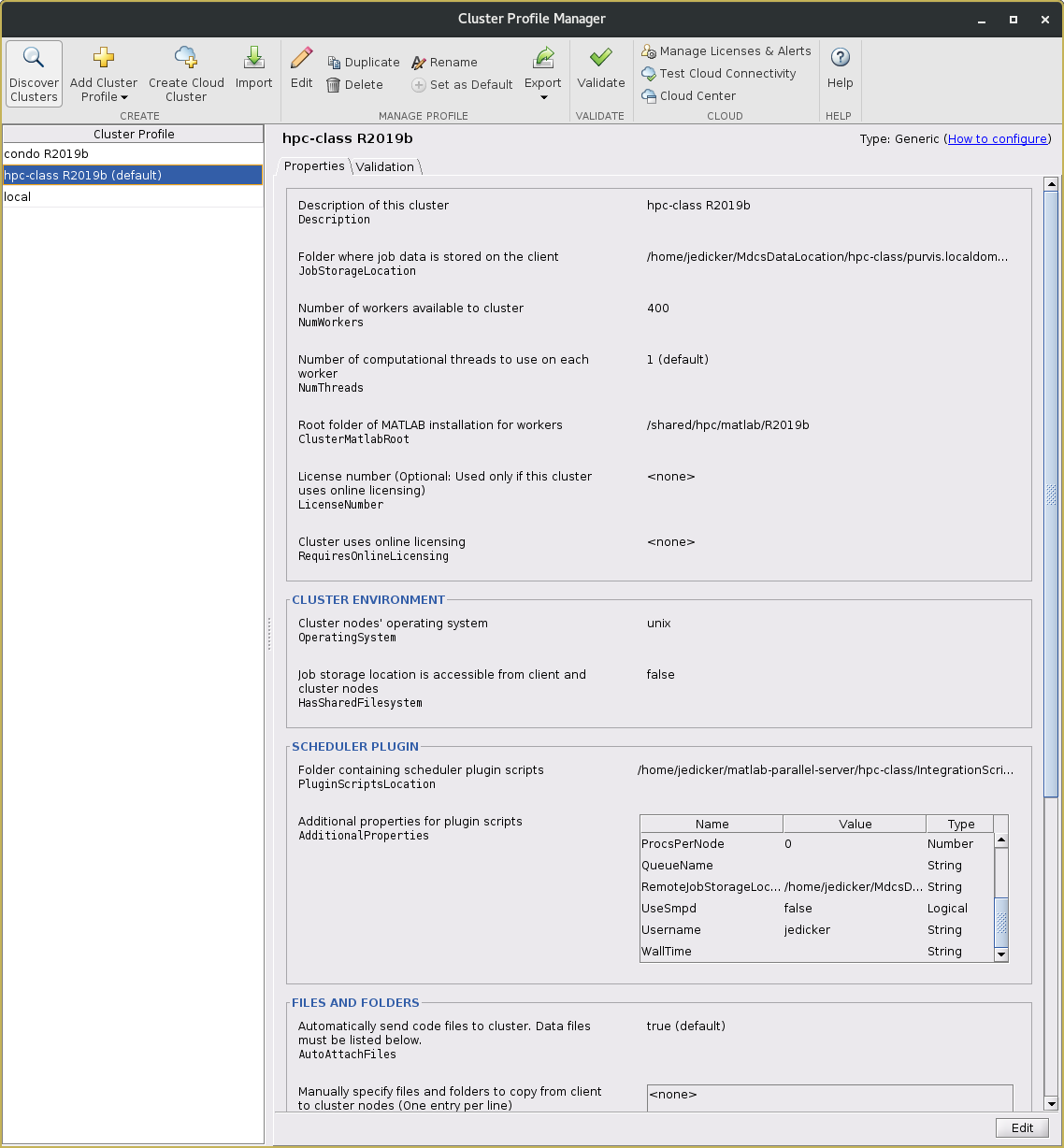 Cluster Profile Manager window showing the hpc-class cluster profile